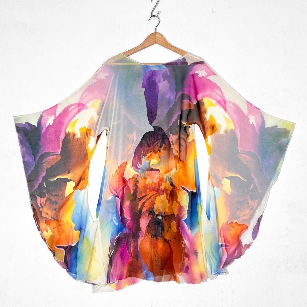 Watercolor Floral Sheer Mesh Kaftan Top Dress Oversized Bell Sleeve Womens M
